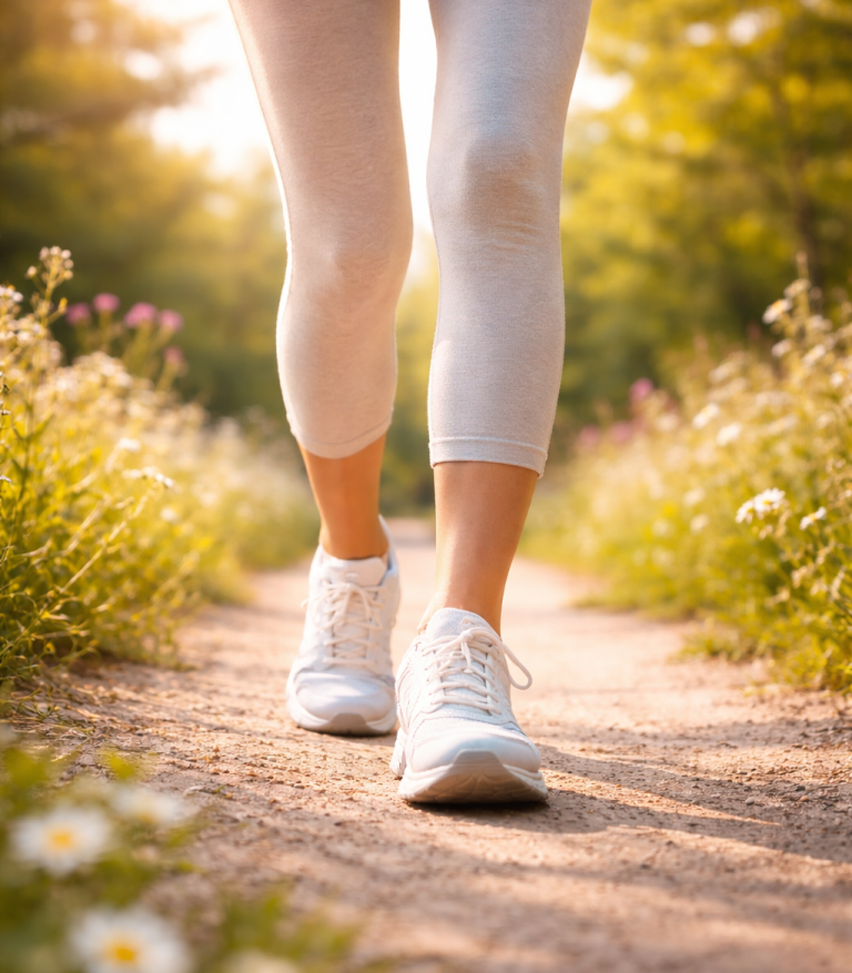 Person läuft auf einem Pfad in der Natur, trägt weiße Sportkleidung und Schuhe.