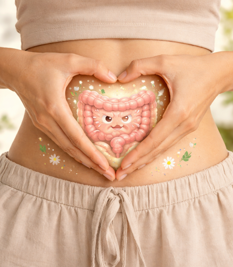 Hände formen ein Herz über einem Bauch mit einem bunten Darmsymbol und Blumen.