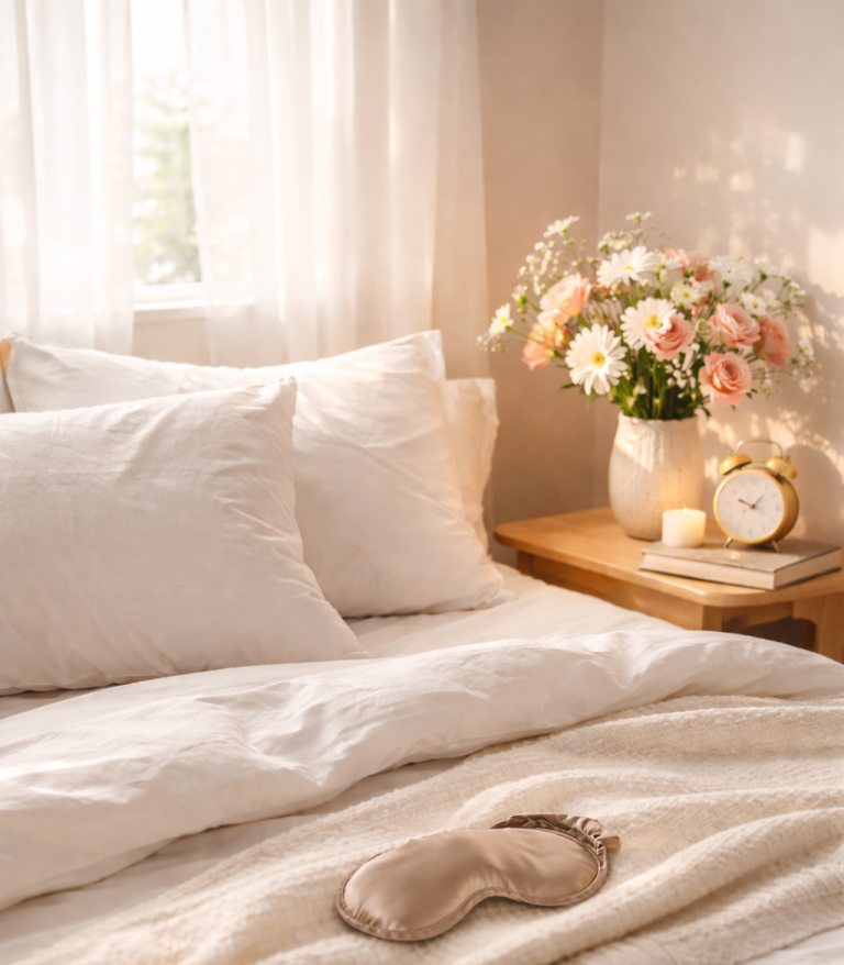Helles Schlafzimmer mit einem Bett, Dekokissen, Blumenstrauß und einem Wecker.